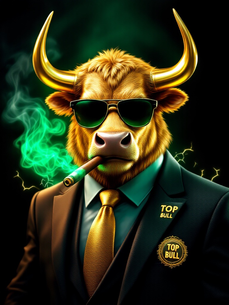 Top Bull mascot — a golden bull in a black suit and sunglasses, smoking a cigar